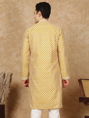 Yellow cotton floral kurta for men 4