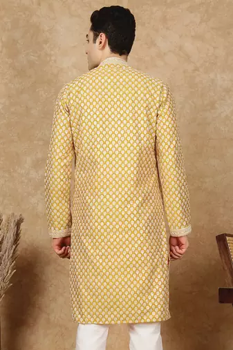 Yellow cotton floral kurta for men