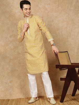Yellow cotton floral kurta for men 5