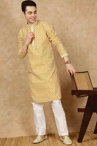 Yellow cotton floral kurta for men