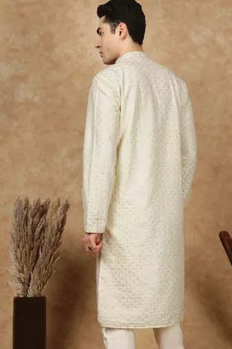 Off white cotton embroidered kurta for men