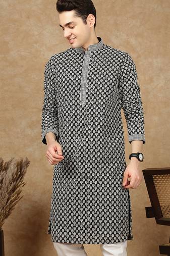 Blue cotton floral kurta for men