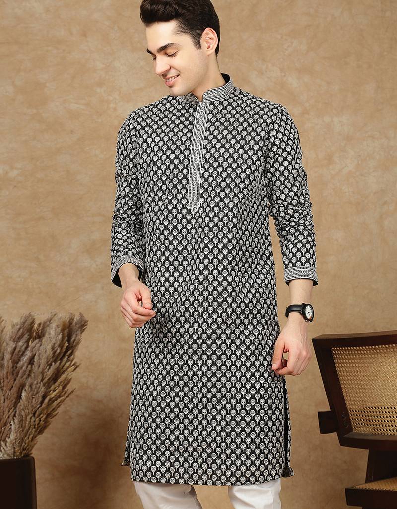 Blue cotton floral kurta for men