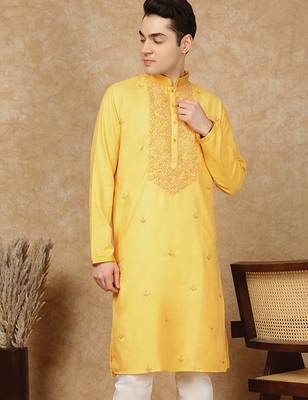 Yellow cotton floral kurta for men 2