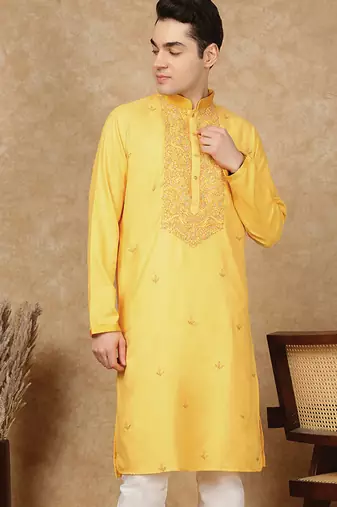 Yellow cotton floral kurta for men