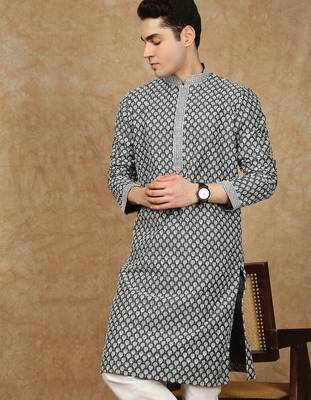 Black cotton floral kurta for men 1