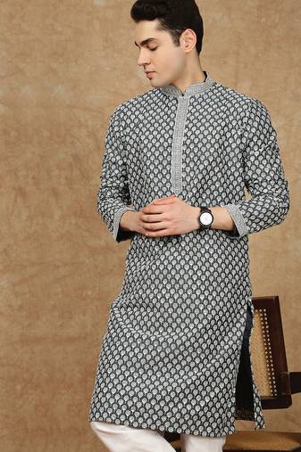Black cotton floral kurta for men