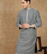 Black cotton floral kurta for men