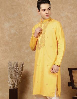 Yellow cotton floral kurta for men 3