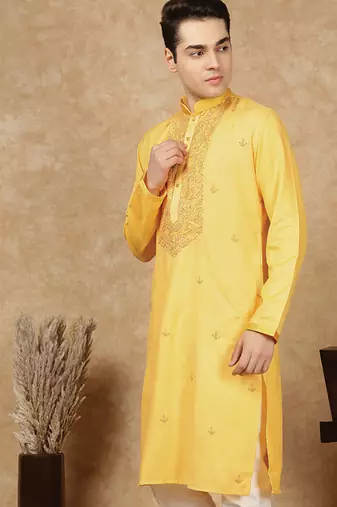 Yellow cotton floral kurta for men