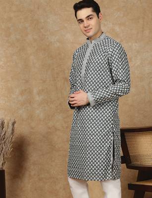 Black cotton floral kurta for men 2