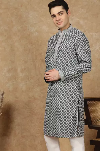 Black cotton floral kurta for men