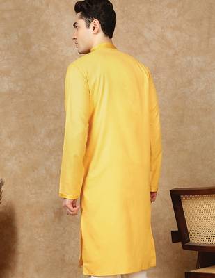 Yellow cotton floral kurta for men 4