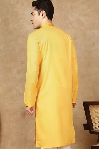 Yellow cotton floral kurta for men