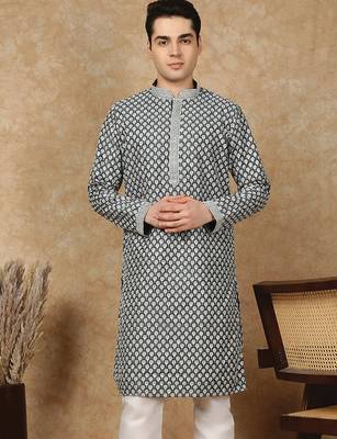 Black cotton floral kurta for men 3