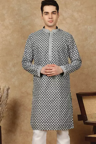 Black cotton floral kurta for men
