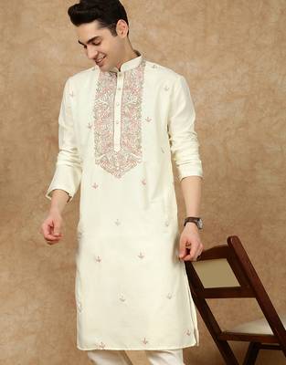 Off white cotton floral kurta for men 1