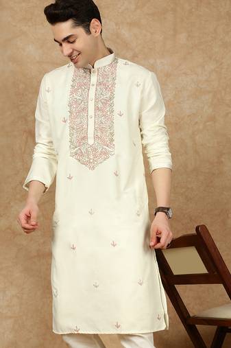 Off white cotton floral kurta for men