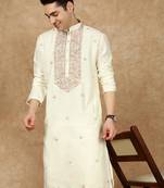 Off white cotton floral kurta for men