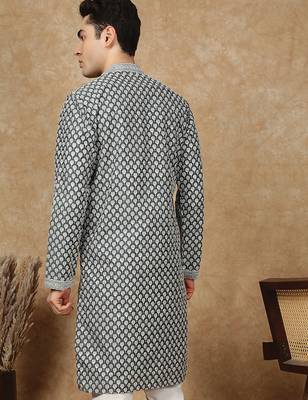 Black cotton floral kurta for men 4