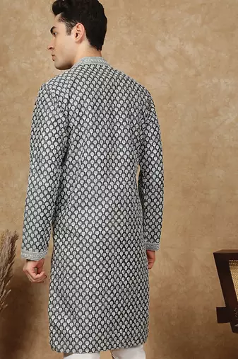 Black cotton floral kurta for men