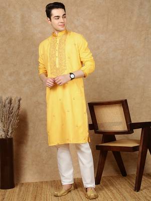 Yellow cotton floral kurta for men 5