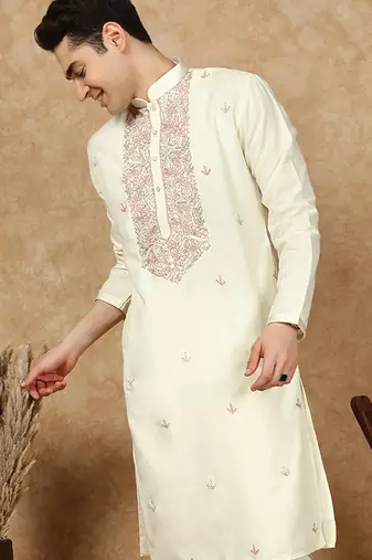 Off white cotton floral kurta for men