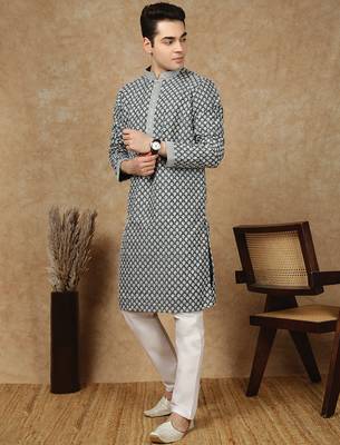 Black cotton floral kurta for men 5