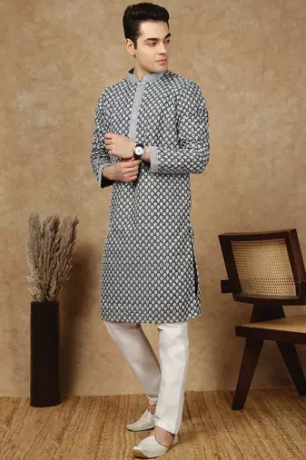 Black cotton floral kurta for men