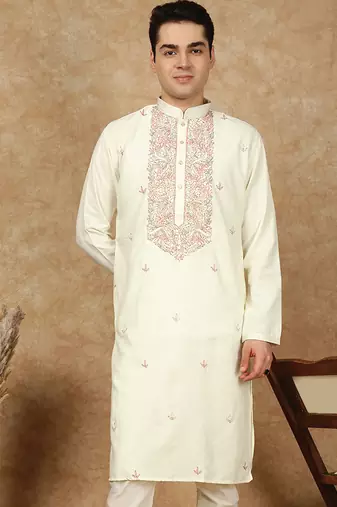 Off white cotton floral kurta for men