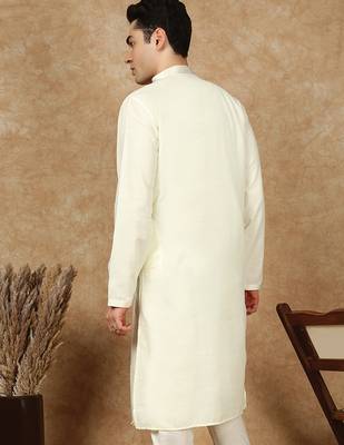 Off white cotton floral kurta for men 4
