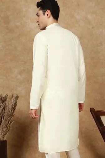 Off white cotton floral kurta for men