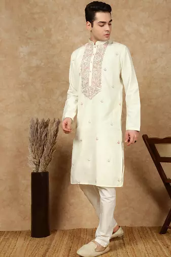 Off white cotton floral kurta for men