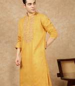 Mustard cotton floral kurta for men