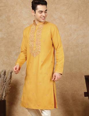Mustard cotton floral kurta for men 2