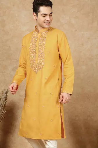 Mustard cotton floral kurta for men