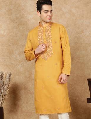 Mustard cotton floral kurta for men 3