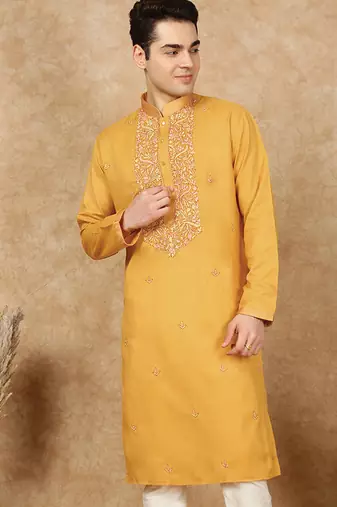 Mustard cotton floral kurta for men