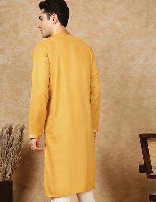 Mustard cotton floral kurta for men 4