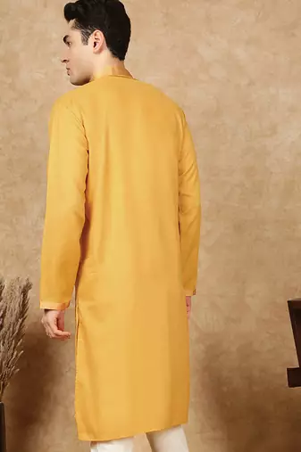 Mustard cotton floral kurta for men