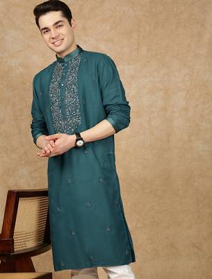 Sea green cotton printed kurta for men 1