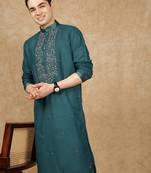 Sea green cotton printed kurta for men