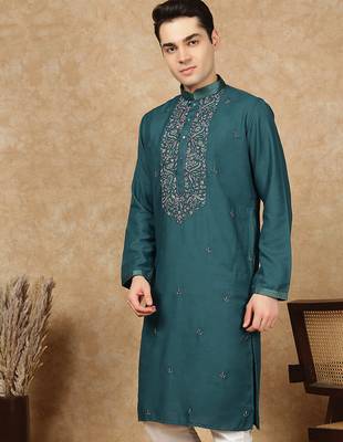Sea green cotton printed kurta for men 2