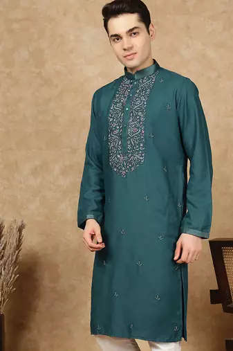 Sea green cotton printed kurta for men