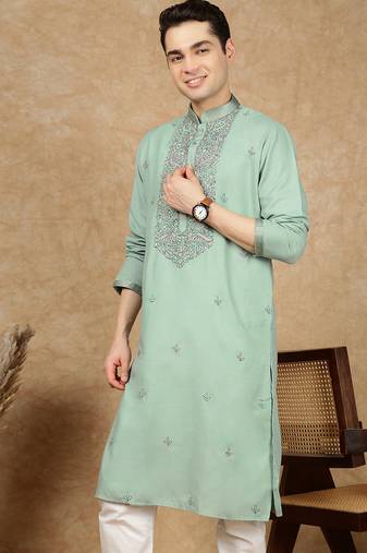 Green cotton floral kurta for men