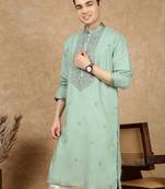 Green cotton floral kurta for men