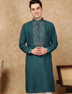 Sea green cotton printed kurta for men 3