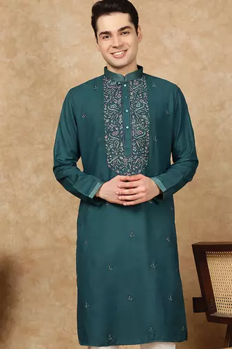 Sea green cotton printed kurta for men