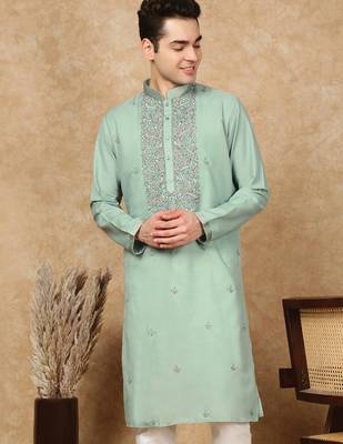 Green cotton floral kurta for men 2