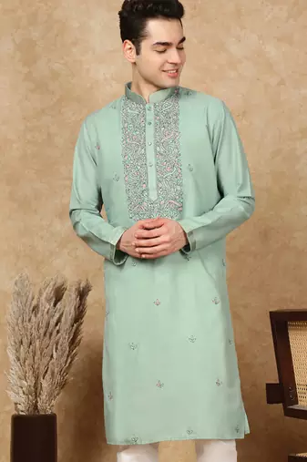 Green cotton floral kurta for men